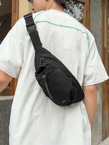 Solid Color Nylon Chest Bag, Drawstring Closure Front Water Bottle Pocket, Adjustable Shoulder Strap Men's Commuter Cycling Crossbody Waist Bag - Black - View 7