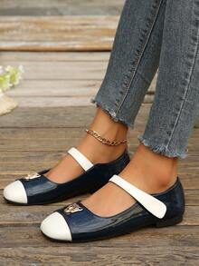 Leopard Head Metal Buckle Navy Blue Shiny White Patchwork Square Toe Mary Jane Slip-On Hook And Loop Shallow Cut Women's Shoes, Suitable For Daily Commute Versatile Shoes, All-Season Comfortable Handmade Shoes, Elegant Slip-On Work Loafers, Mary Jane Ballet Shoes - Navy Blue - View 1