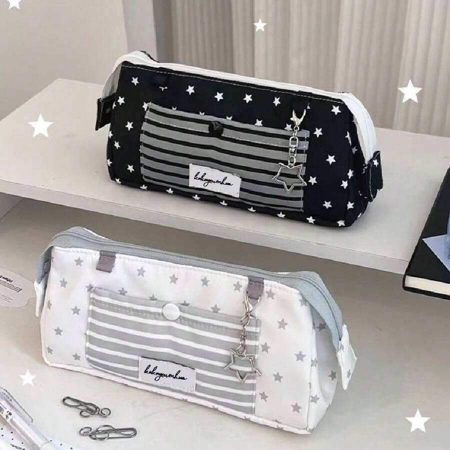 2pcs,Cartoon Star Stripe Pencil Case,Simple Versatile Style,Star Stripe Print Design,High-Value Large Capacity Multi-Layer,Smooth Zipper,Storage For Pencils,Erasers And Other Stationery,Suitable For Students,Classroom,Exam,Travel,Birthday Party And Christmas Gift. - Pencil Case - View 1