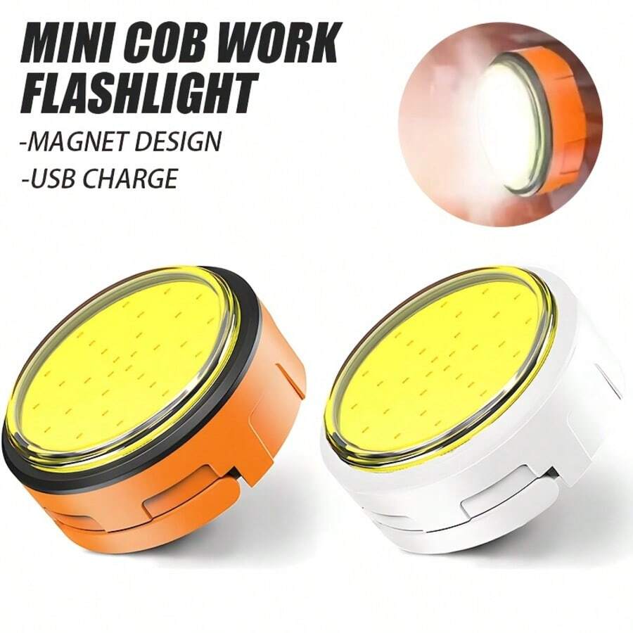 1pc Mini COB Handheld Camping Light With Hook, Portable USB Rechargeable LED Hanging Lantern, Multi-Function Work Flashlight, Suitable For Fishing, Camping, Night, Emergency, 3-Mode Handheld Flashlight - Round Light - View 1