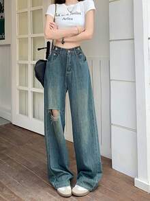 American Style Distressed Denim Jeans Women's Summer Design Vintage Loose Slouchy Wide Leg Long Pants - Blue - View 3