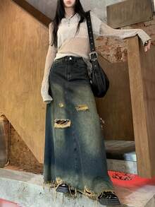 Rok Denim Panjang Kasual Wanita, Desain Detail Washed Distressed yang Modis, Model A-Line dengan Kancing & Resleting, Kain Tidak Melar, Cocok untuk Pakaian Gaya Grunge Musim Gugur. - Dark Wash - View 6