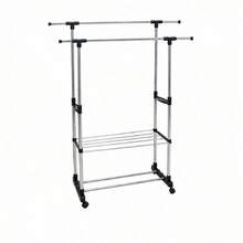 Double Rail Stainless Steel Garment Rack With Wheels And Adjustable Height, Extendable Clothes Drying Rack With Bottom Shoe Shelf, Bedroom And Balcony Organizer - A - 查看 8