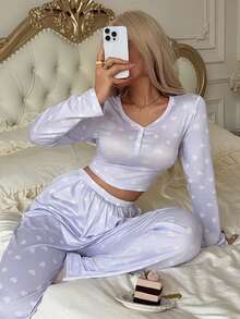2pcs Women's Heart Print Long Sleeve Top + Long Pants Pajama Set - Purple - View 1