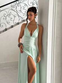 Summer Dress, Green-Toned Neckline High Slit Party Dress For Ladies, Elegant Dress. Suitable For Dates, Parties, Travels, Beaches And Other Occasions. - Green - View 3