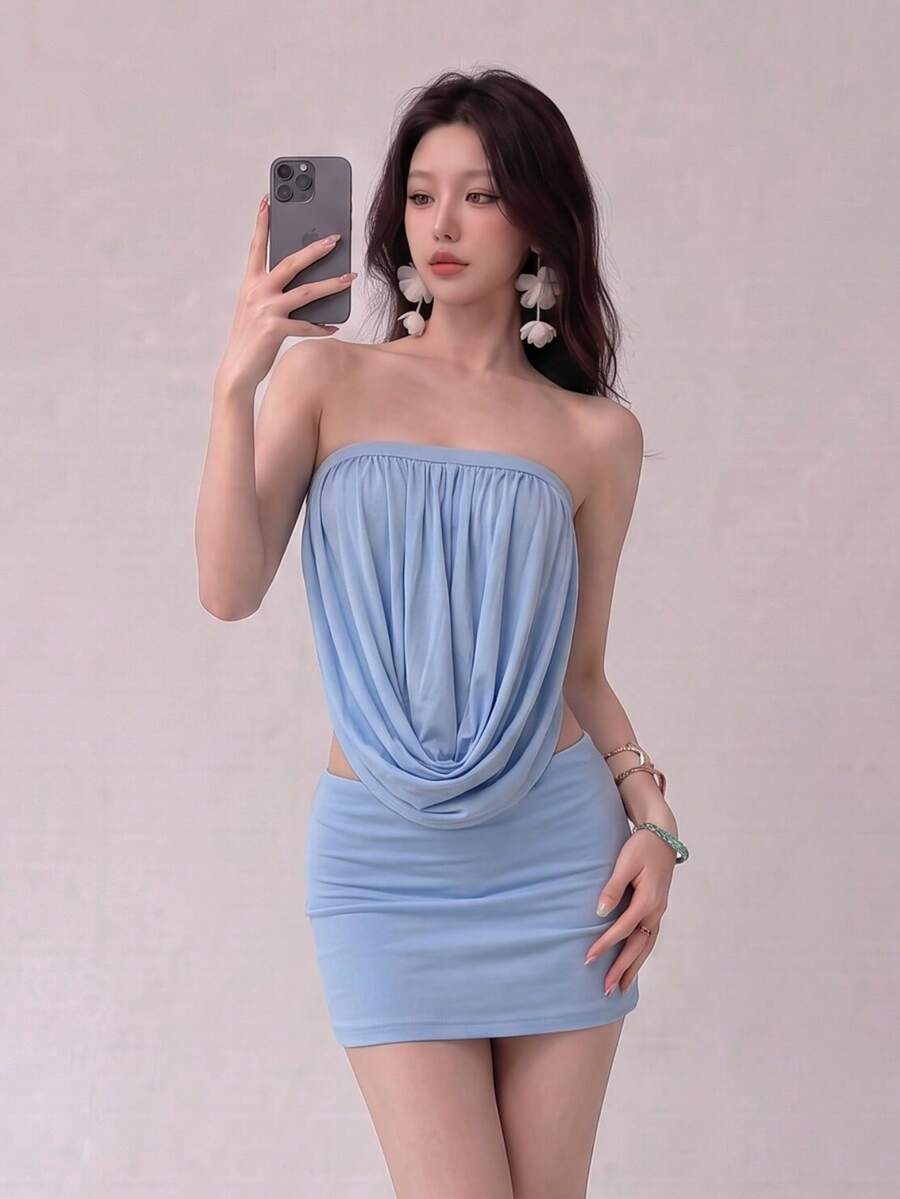Top Dazzle Women's Sexy Backless Strapless Tube Top And Bodycon Mini Skirt Two Pieces Set, Elegant Medium Stretch Casual Outfit - Blue - View 1
