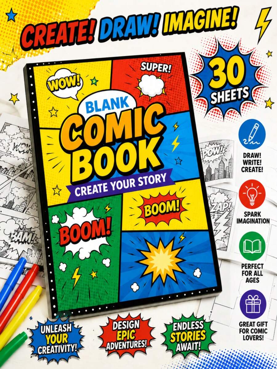 1pc 30-Page Blank Comic Book Sketchbook, DIY Manga Drawing Notebook With Multiple Panel Layouts, Speech Bubbles And Comic Explosion Designs, Classic Panel Style Art Journal, Suitable For Hand Drawing, Creative Writing And Gifting,Enhancing Creativity, Beautifully Designed - One Size Fits All - View 1