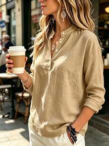 Fashion Women's Solid Color V-Neck Button Long Sleeve Shirt, Regular Fit, Suitable For Daily Wear - Khaki - View 6