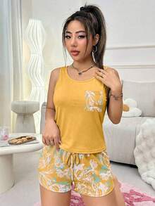 女款優雅春夏/秋冬印花背心上衣與短褲睡衣套裝，附口袋 - 薑色 - 查看 5