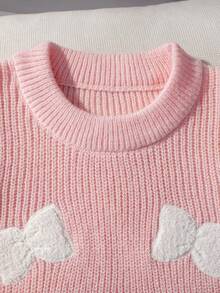 Girls' Sweet Round Neck Long Sleeve Knit Sweater With 3D Plush Bow Decor, Chunky Ribbed Texture, Casual Versatile Pullover For Daily Wear And School, Spring/Autumn/Winter - Pink - View 3