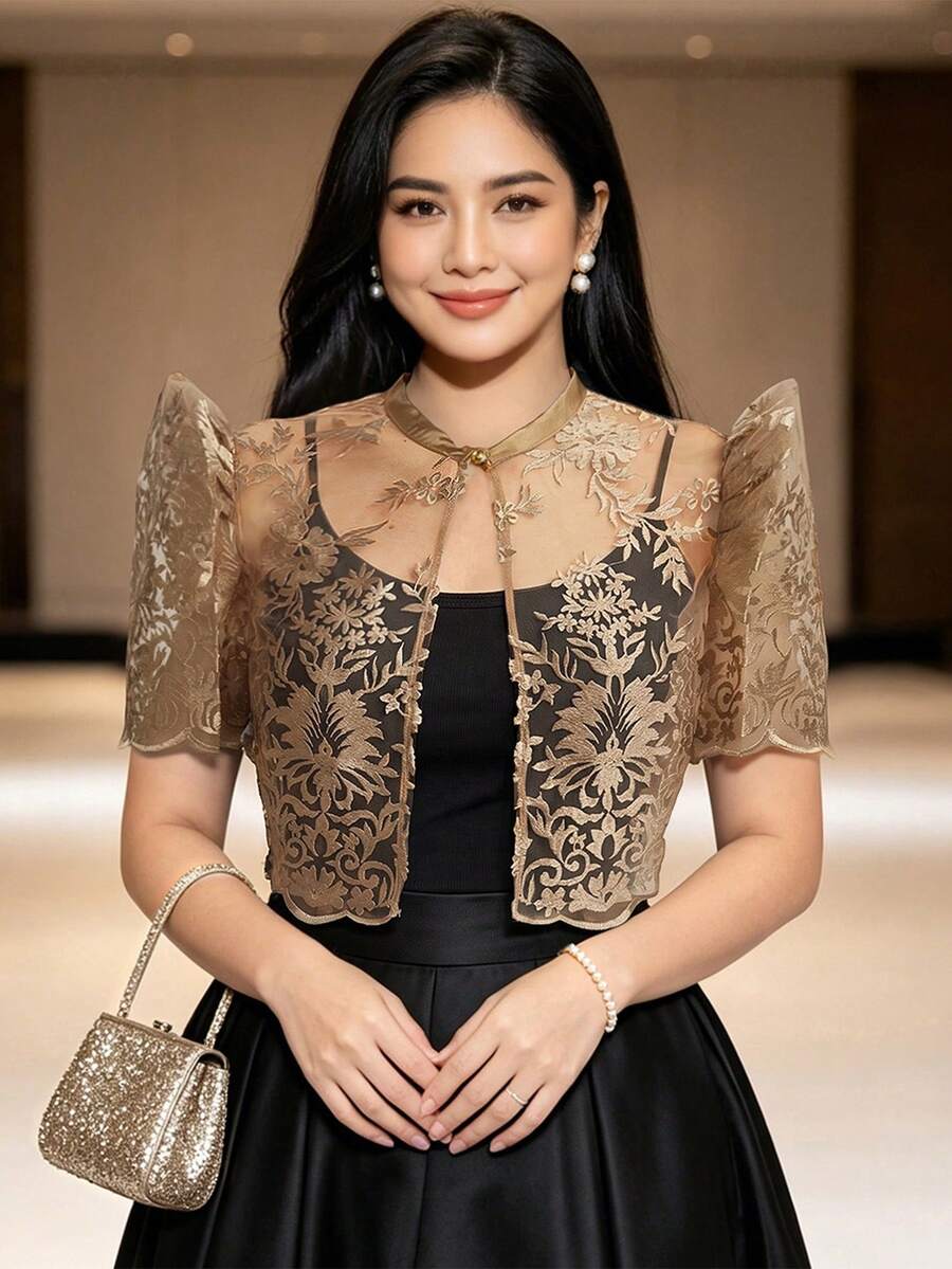 現代菲律賓風蝴蝶袖女款春夏蕾絲泡泡短袖短版開襟 Polo 衫 - 咖啡棕 - 查看 1