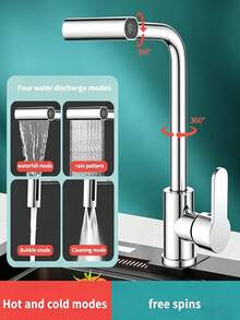 Stainless Steel Kitchen Faucet With Waterfall Function, Single Handle 4-Mode Hot & Cold Water Tap, High Arc Spout With 360° Swivel, Dual Control Handle Anti-Splash Design, Modern Bohemian Style, Durable Stainless Steel Material, Single Hole Installation, Includes Installation Hardware, Perfect For Kitchen And Bathroom Sinks, Essential Modern Home Accessory, Ideal Holiday Gift And Home Renovation Choice - Silver - View 3