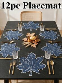 12pcs Thanksgiving Blue Maple Leaf Polyester Embroidered Placemats, Washable Tabletop Decor Pads, Waterproof And Oil-Resistant Table Mats, Table Protector Pads, Wear-Resistant And Non-Slip Table Mats, Easy To Store And Odorless, Suitable For Restaurants, Homestays, Festivals, Parties, Gatherings, Dinners - Multicolor - View 11