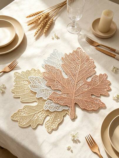 1/4/6pcs Maple Leaf PVC Gold Foil Placemats, Suitable For Wedding Party Table Decor, Thanksgiving, Harvest Festival Placemats, Coffee Machine Mat, Non-Slip Heat-Resistant Mat, Suitable For Wedding Party, Holiday Celebration, Picnic Camping, Birthday Banquet Table Decor Placemats