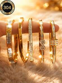 18K Gold Plated Stackable Bracelet Set | Full Rhinestone Infinity Symbol & Flower Bracelet | Non-Fading Layered Bracelet For Women's Daily & Party Wear | Valentine's Day Everyday Outfit Gift - Gold 5 - View 13