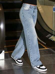 Teenagers Girls' Casual Solid Color Versatile Jeans - Blue - View 2