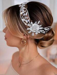 1pc Elegant Alloy Flower Rhinestone Bridal Hair Comb Women Hair Accessory For Wedding Party Event Daily Wear - Silver - View 2