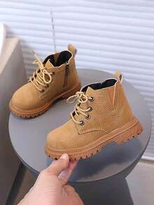 1 Pair Kids Spring Autumn Boots, New Style Boys & Girls Boots, Side Zipper Thick Sole Anti-Slip Wear-Resistant, Versatile Fashion Boots For Toddlers - Brown - View 5