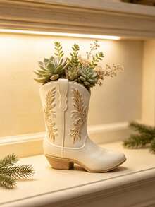 Vintage Western Cowboy Boot Resin Vase, Cream Embossed Boot-Shaped Flower Pot, Bohemian Farmhouse Dining Table Decor, Dried Flower Arrangement Container, Home Wedding Decoration - B - View 3