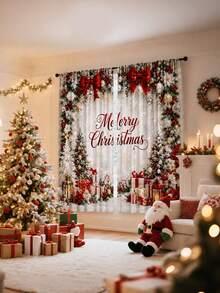 2pcs Christmas Theme Decorative Curtains, Minimalist Luxury European Style Christmas Print Curtains - Red Bow Christmas Tree Christmas Pattern, 100% Polyester Light Filtering Rod Pocket Curtains, Suitable For Living Room And Bedroom, Rod Not Included, Living Room Christmas Curtains, Holiday Window Decor - Multicolor - View 6
