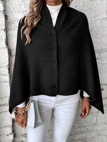 Women's Asymmetric Hem Knit Cape Sweater, Solid Color High Neck Side Button Detail Shawl Cape, This Versatile Shawl Can Be Styled In Multiple Ways Throughout The Year, Elegant Design, Solid Color Fabric, With Buttons, Suitable For Wearing In Air-Conditioned Environments. - Black - View 3