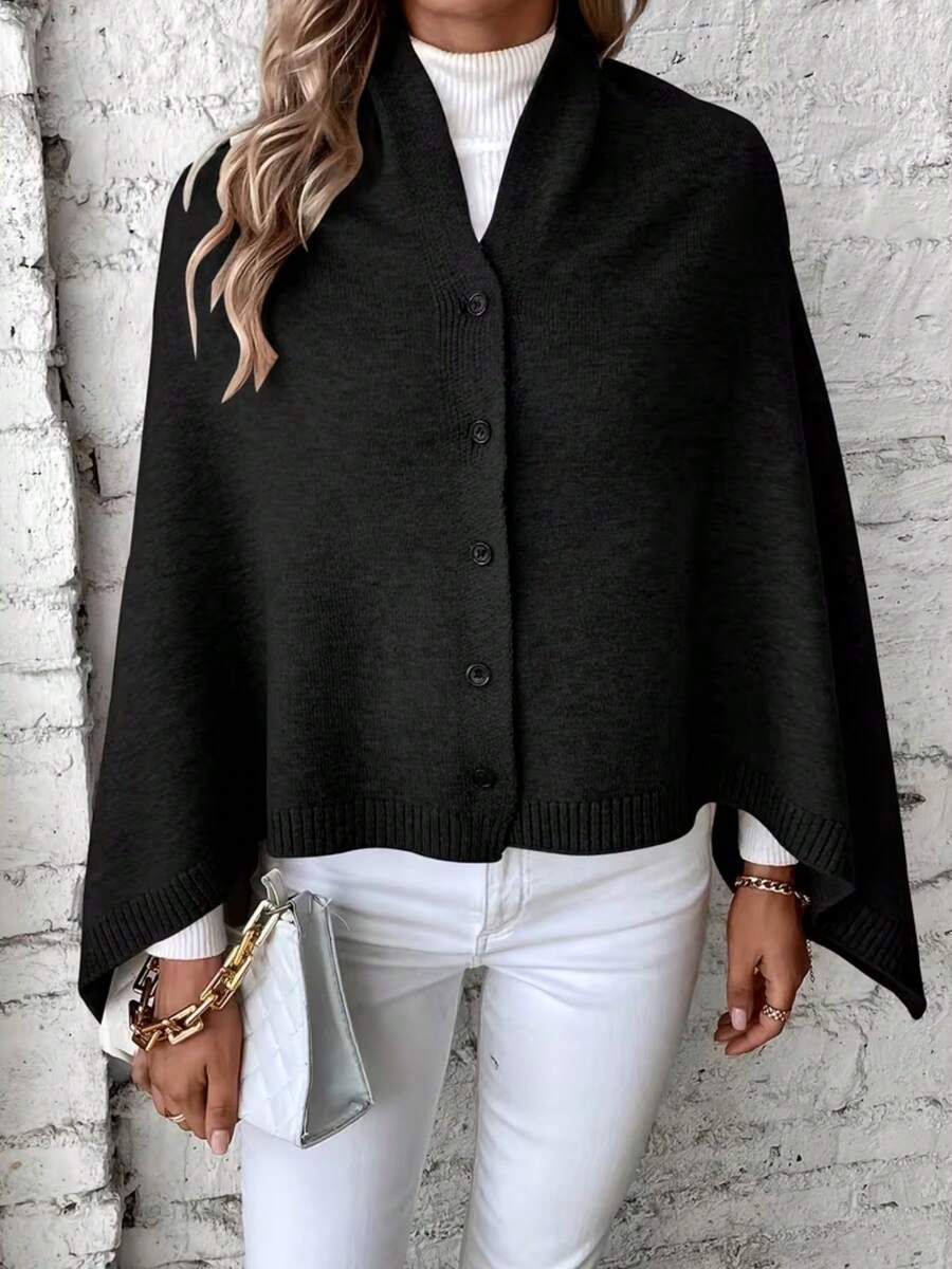 Women's Black Elegant Cape Poncho Knit Cardigan, Button Up Cozy Sweater, Christmas New Year Party Chic Winter Outerwear - Black - View 1