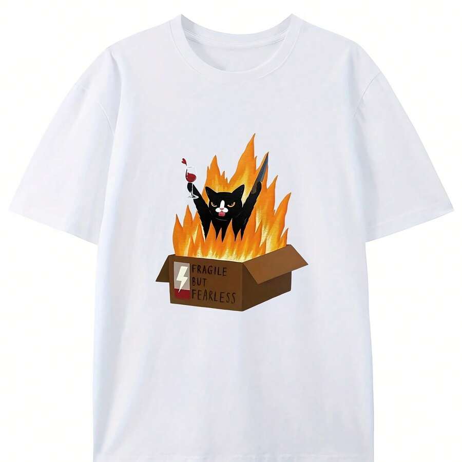 Funny T-Shirt With Cat Print On Fire FRAGILE BUT FEARLESS For Men, Humorous Fashion Cotton T-Shirt, Casual Summer T-Shirt For Women, Large Size, Novel - Shape - View 1
