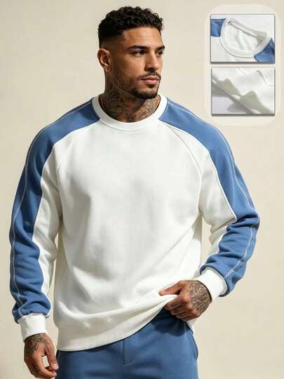Men's Color Block Raglan Sleeve Crew Neck Sweatshirt, Contrast Stitch Loose Fit Long Sleeve Pullover Casual Street Daily Top, Autumn/Winter Back To School Wear, Cool Street Style, Minimalist Fashion