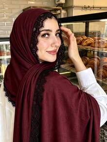 1pc New Silk Cotton Lace Scarf, Women's Muslim Hijab, Daily Soft Breathable Long Scarf, Elegant Headscarf, Versatile Elastic Shawl - Multicolor - View 14