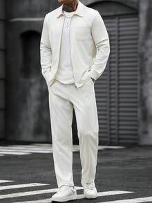 Men's White Long Sleeve Zip-Up Shirt And Casual Pants Set - White - View 3
