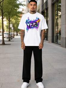 Camiseta blanca oversize, diseño graffiti "YEET" psicodélico, algodón suave, unisex estilo callejero juvenil, 1 unidad - Blanco - Ver 9