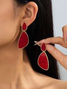 1Pair Fluid Texture Two-Tier Water Drop Earrings, Gold Trim Vintage Long Women Ear Jewelry - Green - View 9