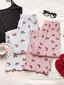 2 Pieces Of Soft And Comfortable Cherry Print Striped Sleepwear For Girls, Elastic Waist Wide Leg Pants, Cute Casual Home Wear For Spring/Autumn - Multicolor - View 2