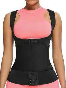 1 Piece Of Shapewear Vest, Waist Cinching And Chest Support, Three Row Buckle Plastic Waist Belt, Fitness Shapewear For Women - Black - View 3