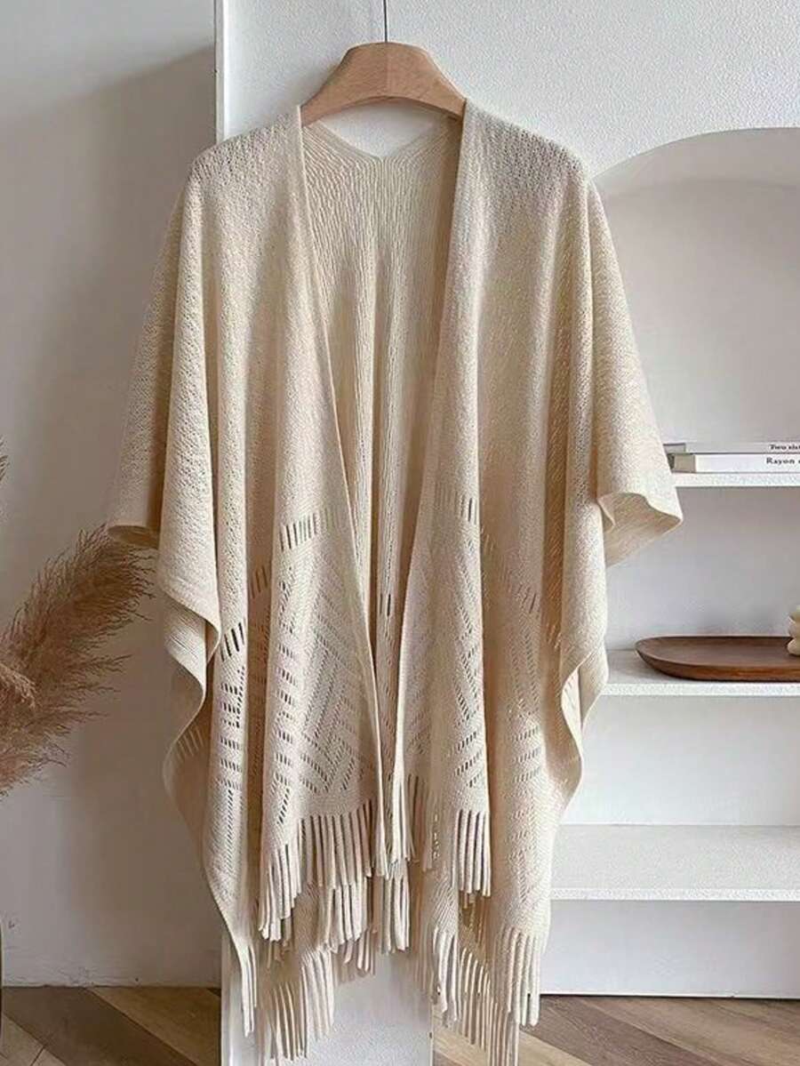 1pc Women's Hollow Design Lightweight Shawl, Bohemian Style Cardigan, Suitable For Travel And Office Air-Conditioned Room, Warm Knitted Cape Blanket - Apricot - View 1