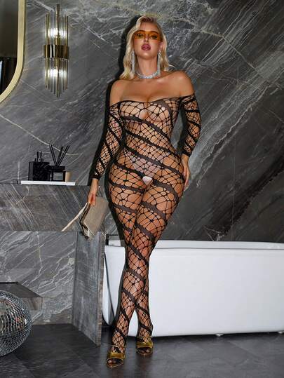 1 Women's High Elasticity Jacquard Fishnet Bodysuit, Sexy Lingerie, See-Through Stockings,Off-The-Shoulder,Tights,Christmas Halloween Surprise Gift