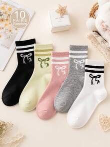 1/5/10pcs Women's Random Striped Bowknot Solid Color Minimalist Fashion Mid-Calf Socks, Soft Comfortable Breathable All-Season Versatile Preppy Casual Sports Suitable For Daily Wear - Multicolor - View 8