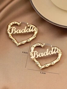1 Pair Summer Vacation Vintage Gold Bamboo Knot Heart Hollow English Letter Hoop Earrings For Women - Yellow Gold - View 4