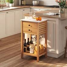 Patio Acacia Wood Storage Cabinet Patio Buffet Cabinet Bar Table With Faux Marble Countertop - Default - View 7