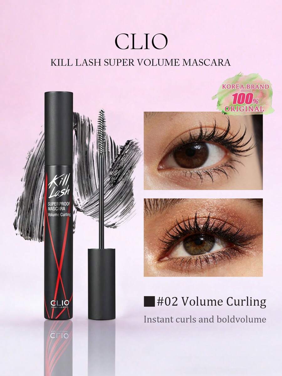 Clio Kill Lash Ultra Waterproof Mascara, Curling & Volumizing Mascara, Waterproof & Smudge-Proof Formula, Long-Lasting Eye Makeup, Lash Shaping Brush, 7g/0.24oz