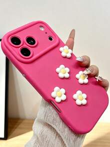 KOOLIFE 1pc Soft Solid Color Phone Case For Apple 17/16/15 Pro Max, Decorated With 3D Floral Pattern, Anti-Slip Soft TPU +PC Wear-Resistant Frame, Camera Bump Protection, Suitable For Daily Use, Holiday Gift - Magenta + Yellow Flower - View 2