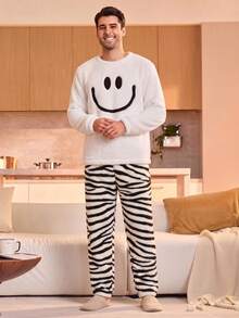 Whitmere Bộ đồ ngủ nam nỉ flannel họa tiết mặt cười + kẻ sọc, phù hợp mặc ở nhà, thư giãn và đi ngủ mùa đông/thu - trắng - Xem 3