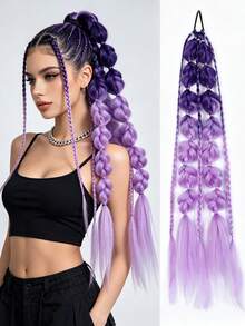 Ombre Gradient Bubble Braids Ponytail Hair Extension, Thin Side Braided Lantern Braid, Y2K Rave Festival Fake Hair Pieces With Elastic Hair Tie - Multicolor - View 12