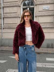 Women's New Solid Color Faux Fur Patchwork Evening Date Elegant Faux Fur Jacket - Burgundy - View 1