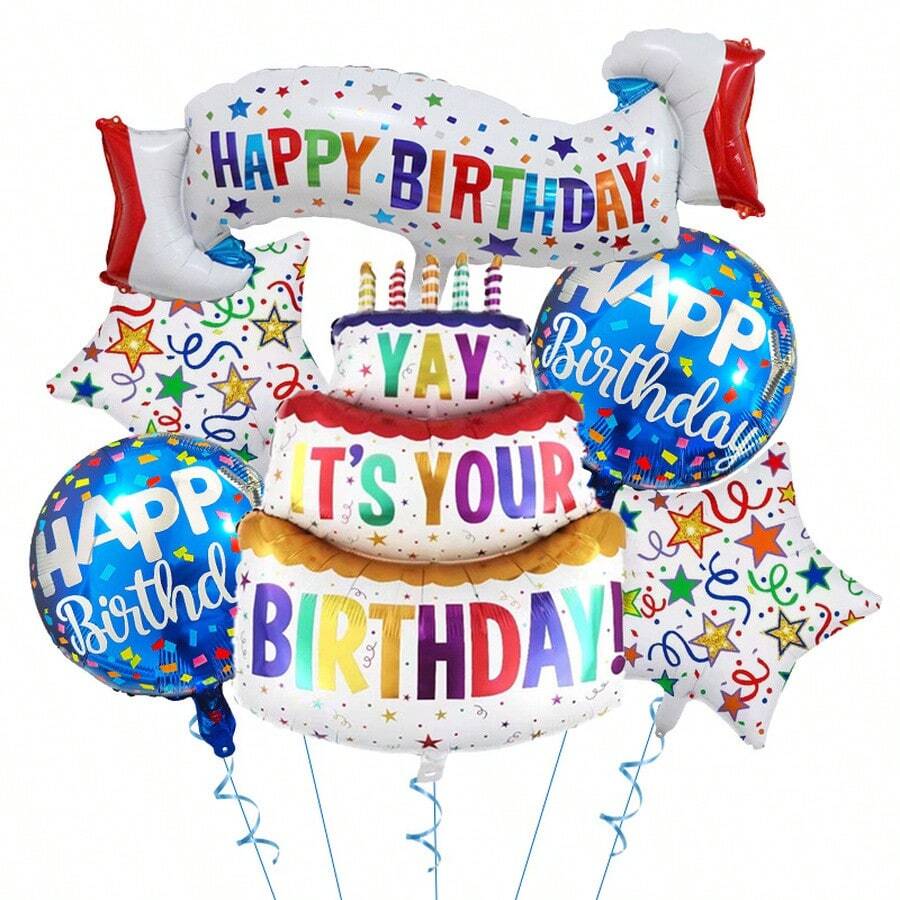 Birthday Theme Aluminum Foil Balloon Set, Colorful HAPPY BIRTHDAY Banner, Round And Star Balloons, Children's First Birthday Party Living Room Background Decoration, Atmospheric Birthday Scene Decor - View 1