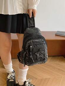 Five-Pointed Star Versatile Sports Chest Bag, Large Capacity, Vintage Denim, Shoulder Messenger Bag, Essential For Women's Commuting And Sports - Black - View 4
