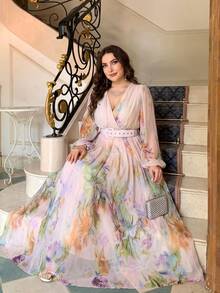 Plus Size Women's New Elegant Romantic Floral Patchwork Design Swing Dress Vacation - Apricot - View 2