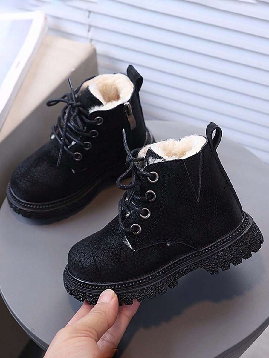 1 Pair Kids Popular Snow Boots, Fashionable Versatile Soft Sole Anti-Slip Wear-Resistant Solid Color Thermal Lined Warm Boots For Boys And Girls - Black - View 1