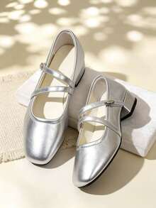 Silver Mary Jane High Heels,Square Toe Block Heels,Double Strap Buckle,Soft PU,Non-Slip Sole,Elegant Women Pumps For Wedding,Party,Daily - Silver - View 6