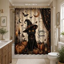 1pc/4pcs Magic Black Cat Pumpkin Pattern Shower Curtain, Halloween Home Decor Printed Bathroom Partition Curtain, Comes With 12 Hooks, Universal Bathroom Accessory, Halloween Vintage Farmhouse Style Bathroom Decor, Single Curtain Available In 150*180cm+180*180cm+180*200cm, 4pcs Set Size (180*180cm+45*75cm+45*38cm+38*45cm) - Magic Black Cat - View 14